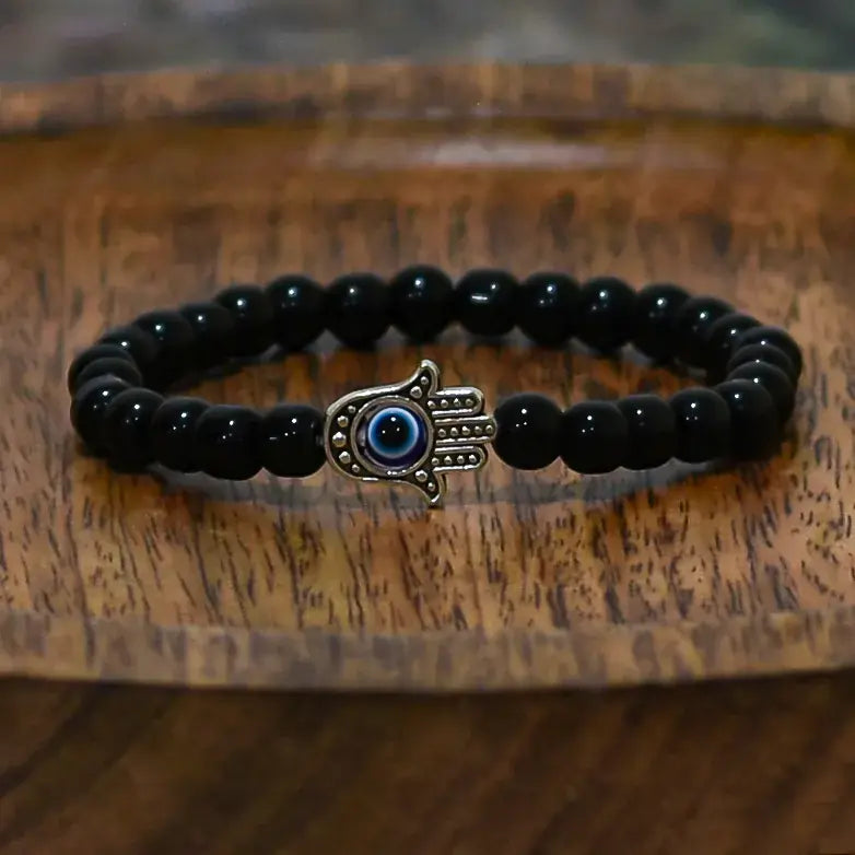 Black Tourmaline, Evil Eye, and Humsa Bracelet