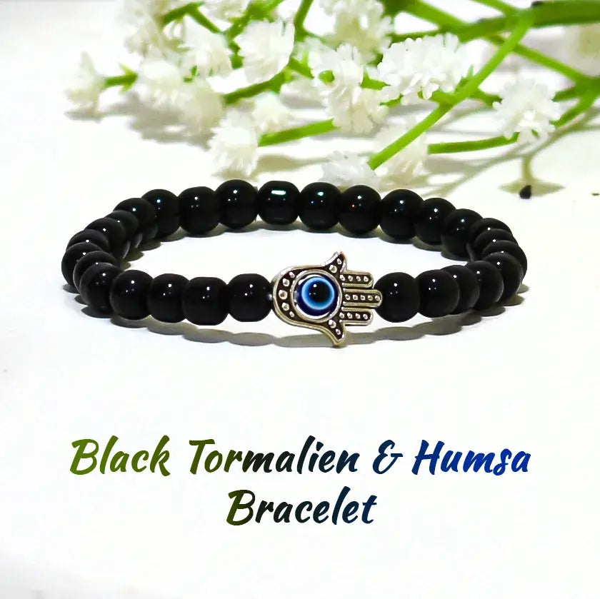 Black Tourmaline, Evil Eye, and Humsa Bracelet