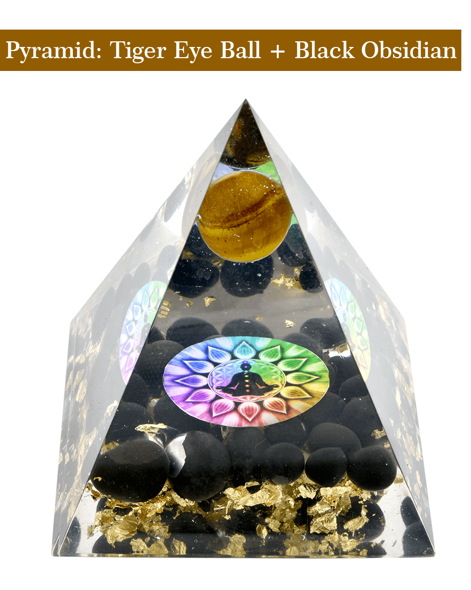 Energized Designer Tiger Eye Ball Black Obsidian Pyramid with gift box Decorative Showpiece - 11 cm  (Crystal, Beige)